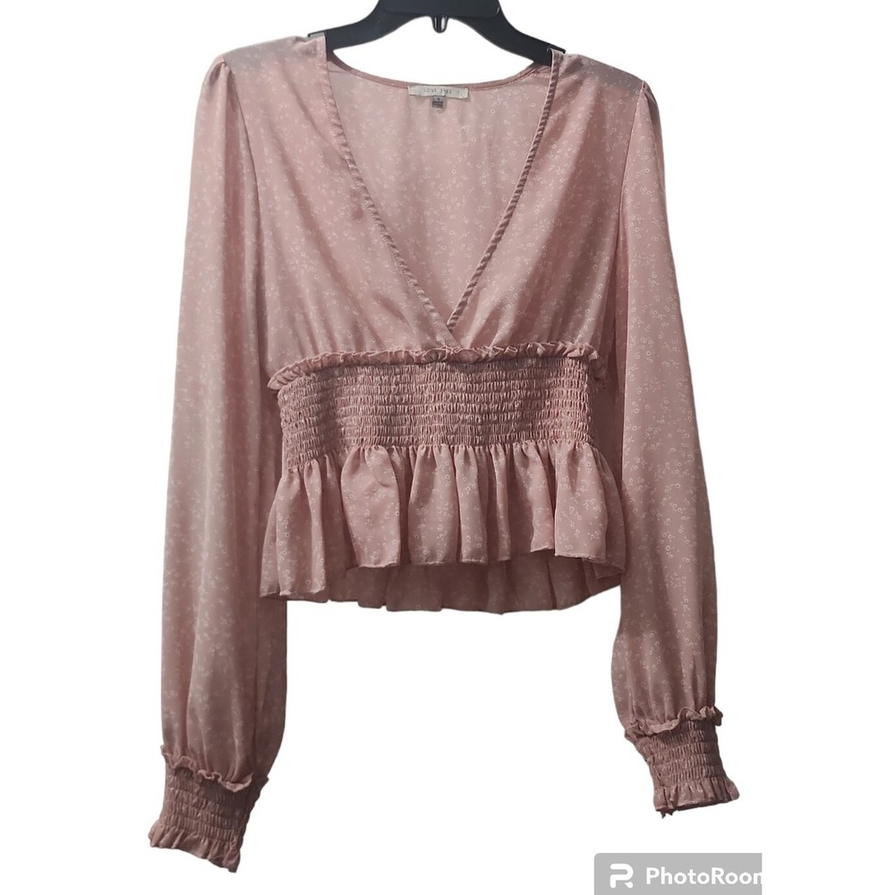 Love Tree Floral Blouse Smocked Waist Long Sleeve Pink Top Size S